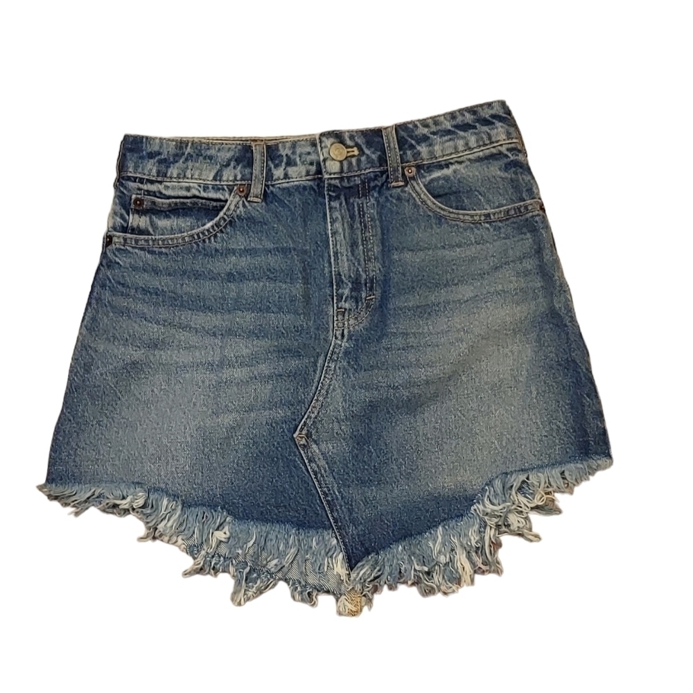 Free People Indigo Blue Denim Mini Skirt Size 25/0/XS NWT Fringe Distressed NEW